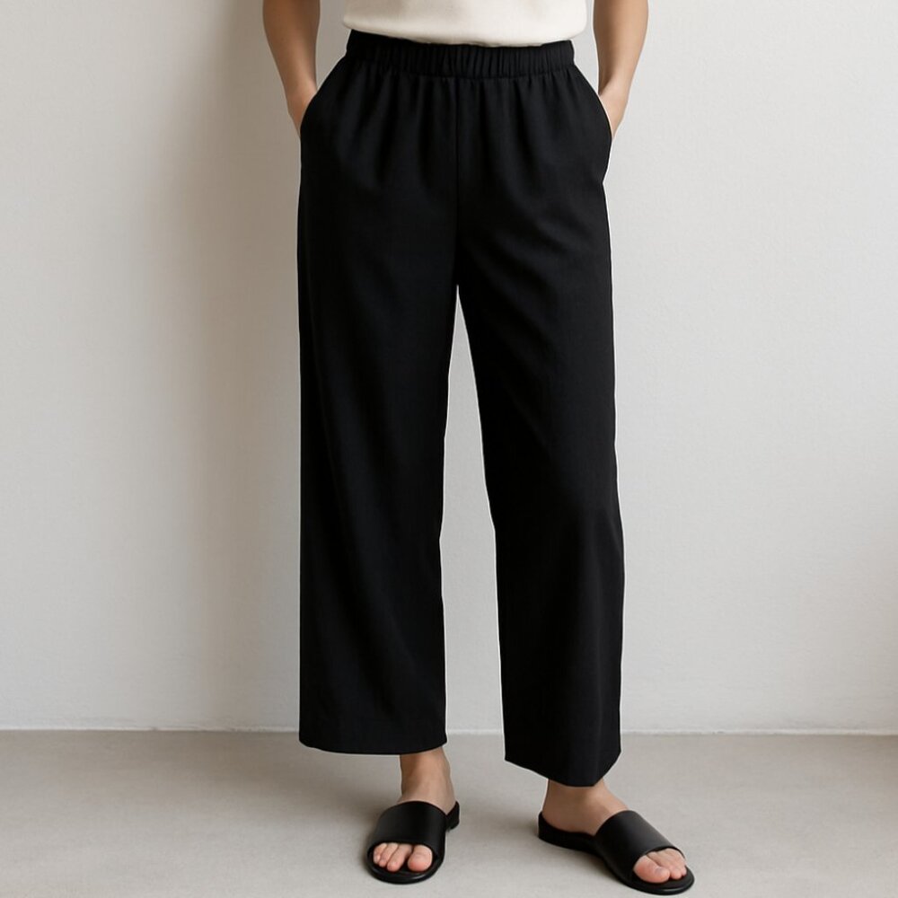 Brunello Cucinelli Black Pants Wide Straight Leg Viscose Linen Pull On Size 12 - Picture 2 of 6